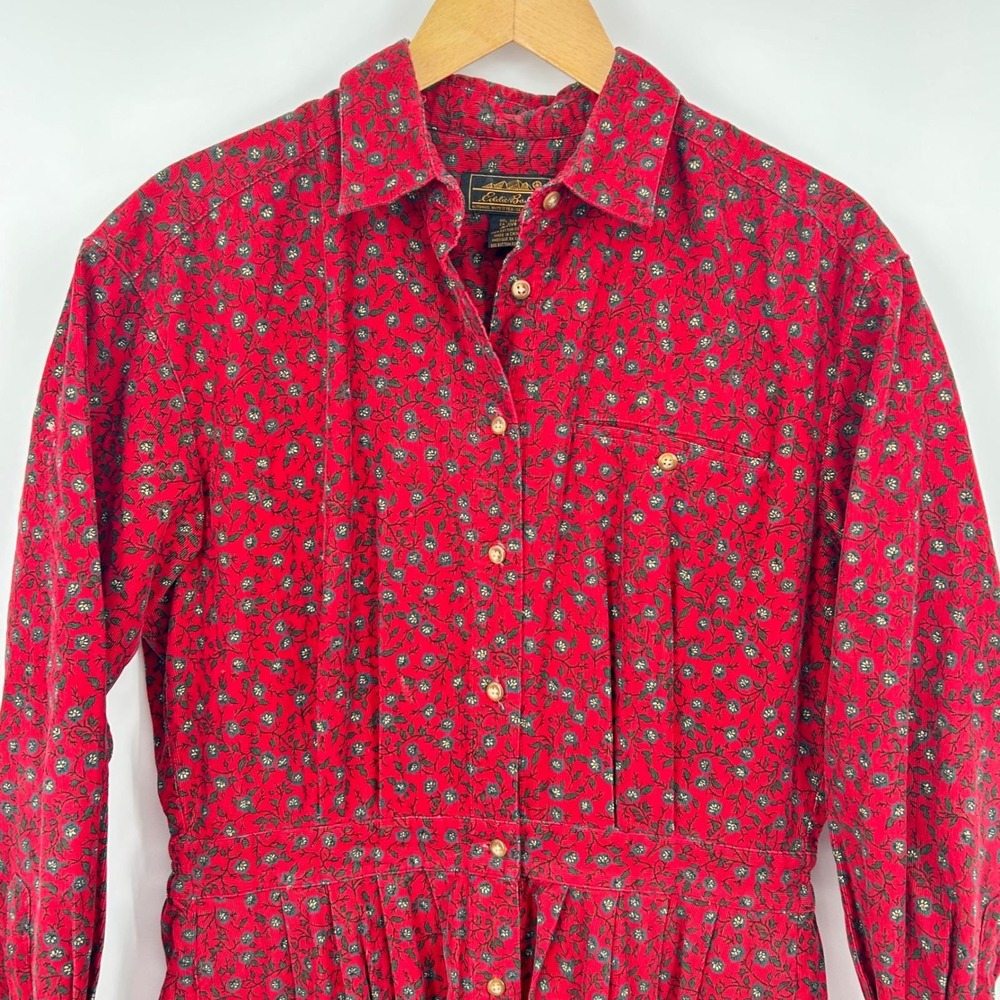 Eddie Bauer Corduroy Dress Women M Petite Red Floral Midi Prairie Cottagecore - Picture 5 of 12